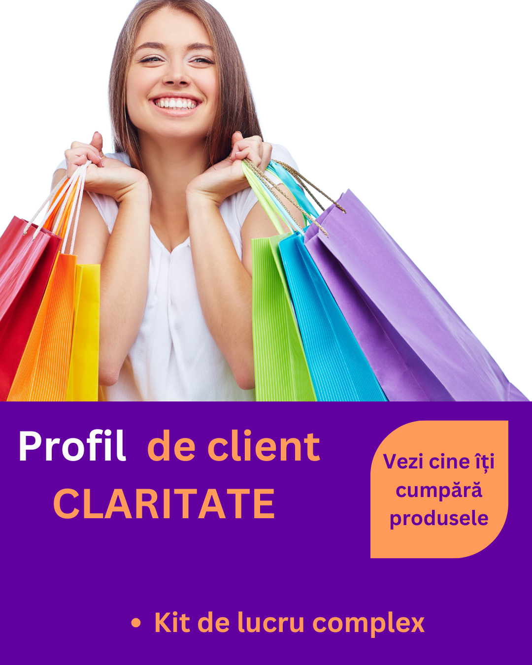 Profil de client pentru claritate - banner o femeie cu multe pungi colorate